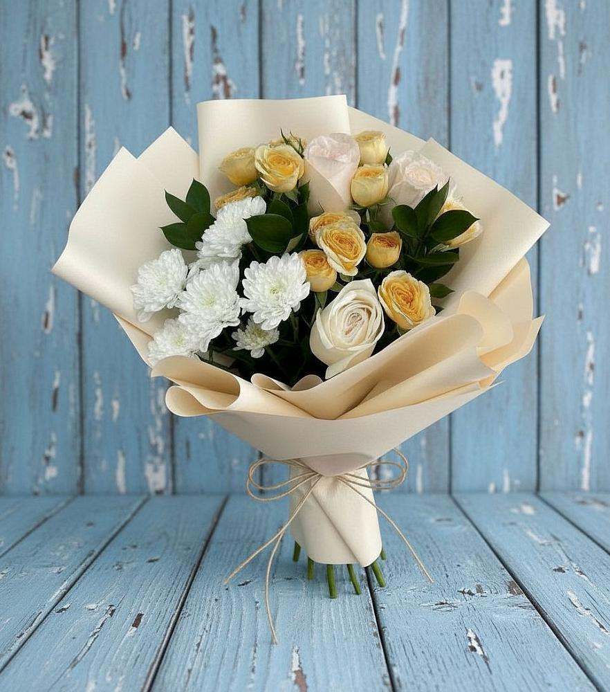 Букет цветов из: Розы и Хризантемы в Новый Свет