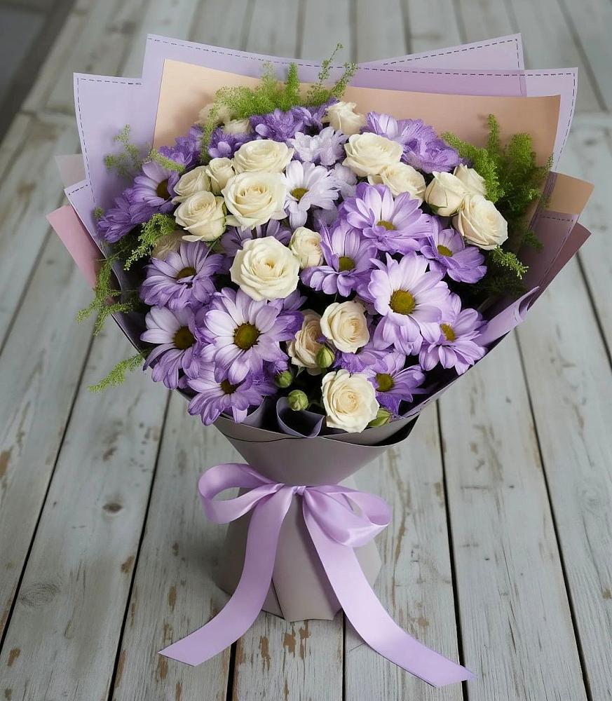 Букет цветов из: Хризантемы и Розы в Новый Свет