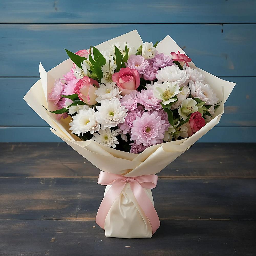 Букет цветов из: Хризантемы, Альстромерии и Розы в Новый Свет